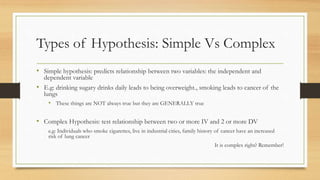 Types of Hypothesis: Simple Vs Complex
• Simple hypothesis: predicts relationship between two variables: the independent and
dependent variable
• E.g: drinking sugary drinks daily leads to being overweight., smoking leads to cancer of the
lungs
• These things are NOT always true but they are GENERALLY true
• Complex Hypothesis: test relationship between two or more IV and 2 or more DV
e.g: Individuals who smoke cigarettes, live in industrial cities, family history of cancer have an increased
risk of lung cancer
It is complex right? Remember!
 