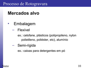 10
Processo de Rotogravura
Nuno
Mercados alvo
• Embalagem
– Flexível
ex.: celofane, plásticos (polipropileno, nylon
polietileno, poliéster, etc), alumínio
– Semi-rígida
ex.: caixas para detergentes em pó
 
