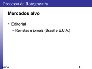 11
Processo de Rotogravura
Nuno
Mercados alvo
• Editorial
– Revistas e jornais (Brasil e E.U.A.)
 