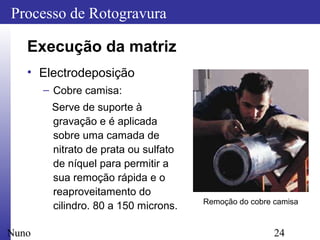 24
Processo de Rotogravura
Nuno
Execução da matriz
• Electrodeposição
– Cobre camisa:
Serve de suporte à
gravação e é aplicada
sobre uma camada de
nitrato de prata ou sulfato
de níquel para permitir a
sua remoção rápida e o
reaproveitamento do
cilindro. 80 a 150 microns. Remoção do cobre camisa
 