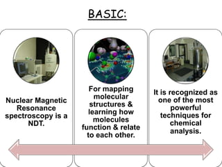 BASIC:




                       For mapping      It is recognized as
                        molecular         one of the most
Nuclear Magnetic
                       structures &            powerful
   Resonance
                      learning how         techniques for
spectroscopy is a
                        molecules              chemical
      NDT.
                    function & relate
                                               analysis.
                      to each other.
 