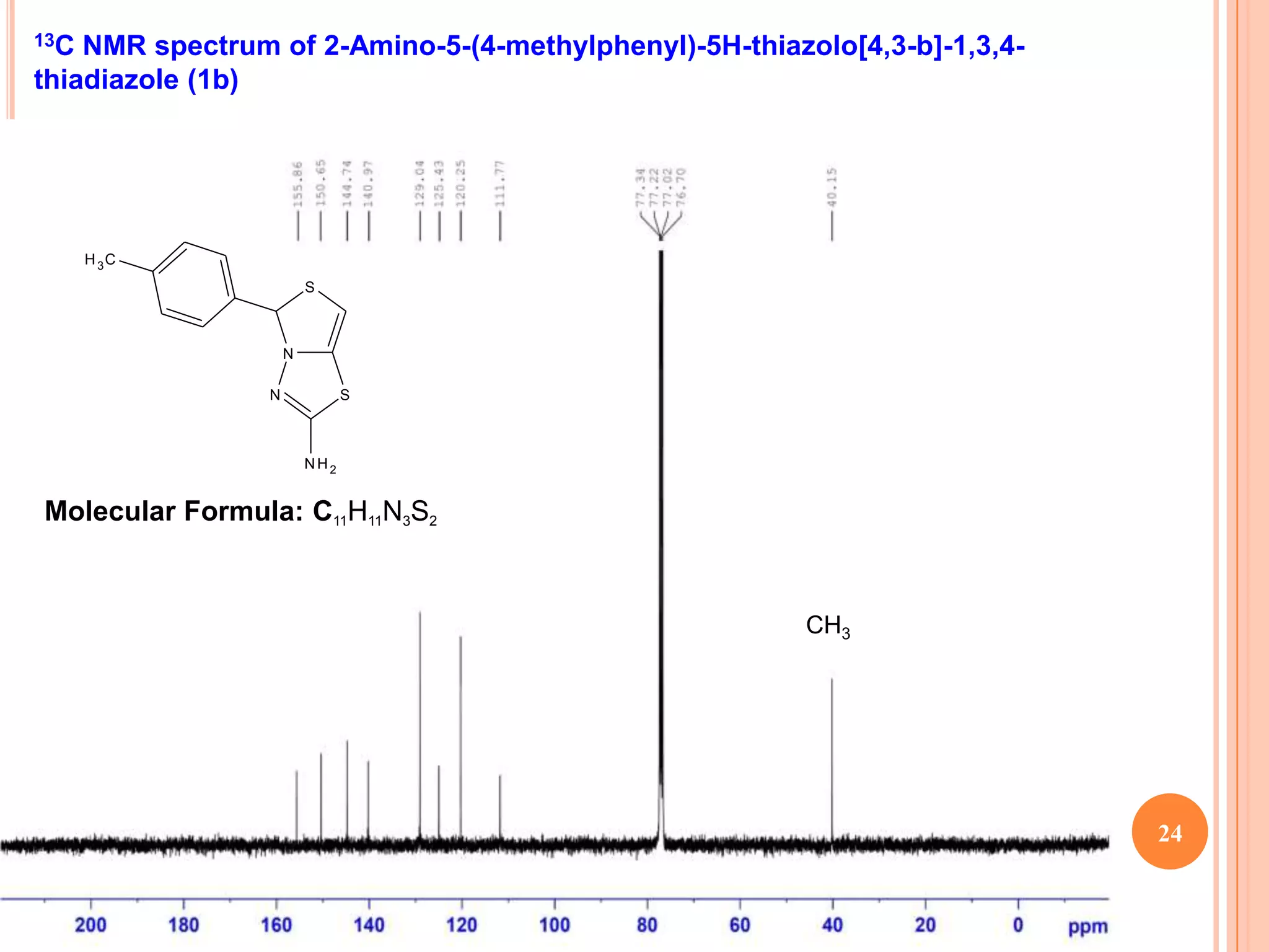 13C NMR spectrum of 2-Amino-5-(4-methylphenyl)-5H-thiazolo[4,3-b]-1,3,4-
thiadiazole (1b)




      H 3C
                         S



                     N

                 N             S



                         NH2


Molecular Formula: C11H11N3S2



                                                        CH3




                                                                           24
 