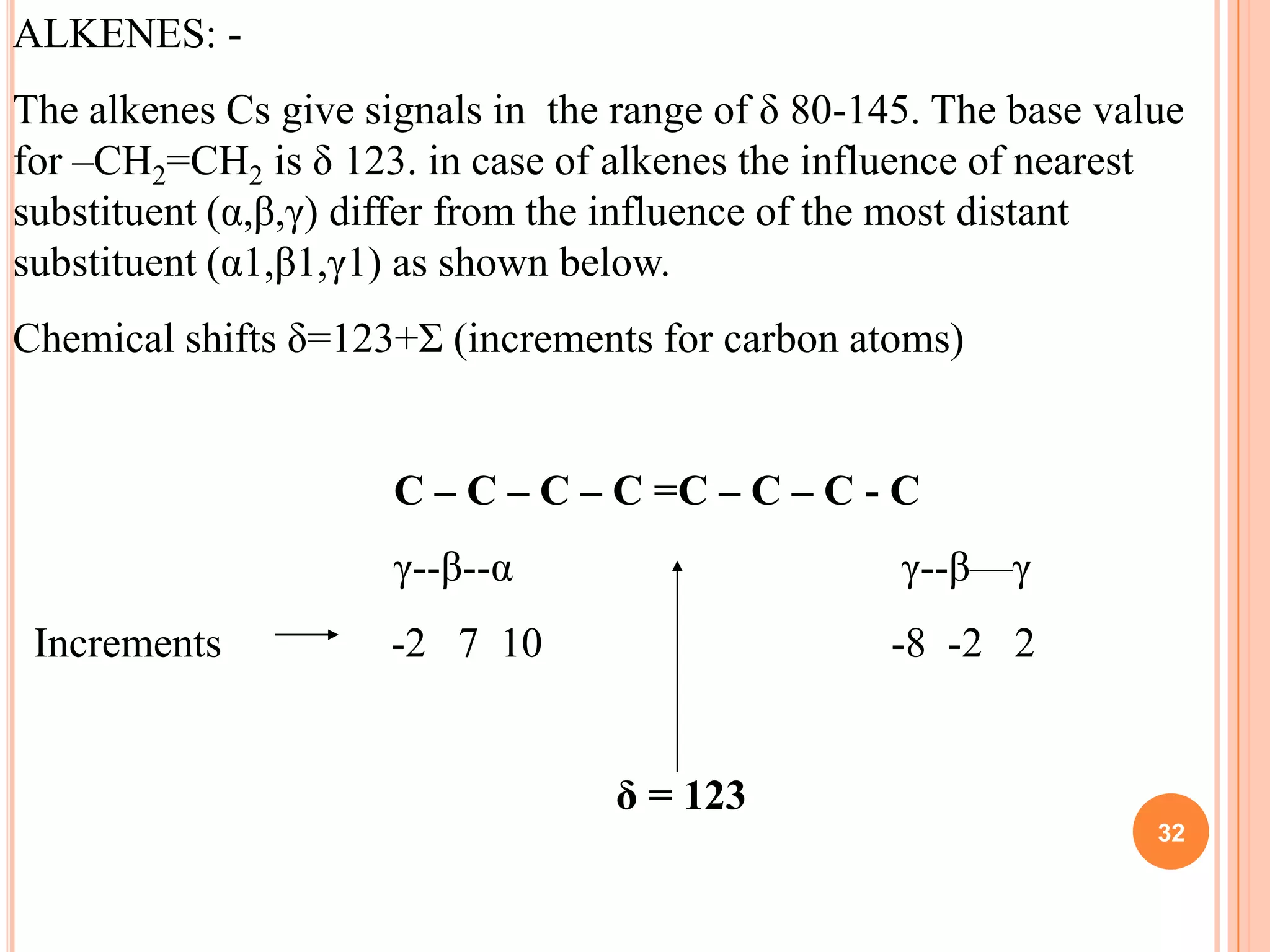 ALKENES: -
The alkenes Cs give signals in the range of δ 80-145. The base value
for –CH2=CH2 is δ 123. in case of alkenes the influence of nearest
substituent (α,β,γ) differ from the influence of the most distant
substituent (α1,β1,γ1) as shown below.
Chemical shifts δ=123+Σ (increments for carbon atoms)


                      C – C – C – C =C – C – C - C
                      γ--β--α                      γ--β—γ
 Increments          -2 7 10                      -8 -2 2


                                   δ = 123
                                                                  32
 
