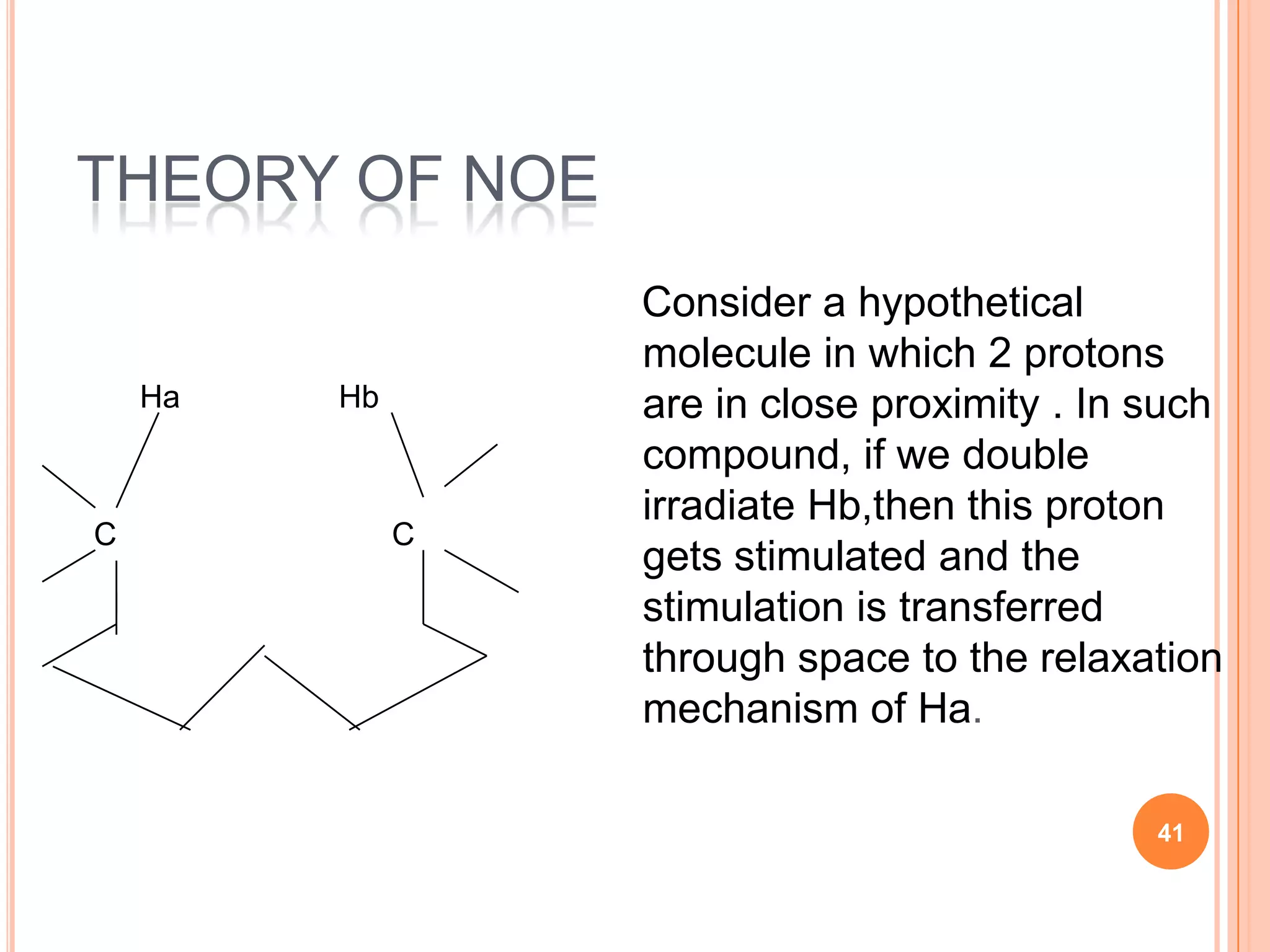 THEORY OF NOE
                  Consider a hypothetical
                  molecule in which 2 protons
    Ha   Hb       are in close proximity . In such
                  compound, if we double
                  irradiate Hb,then this proton
C             C
                  gets stimulated and the
                  stimulation is transferred
                  through space to the relaxation
                  mechanism of Ha.

                                              41
 