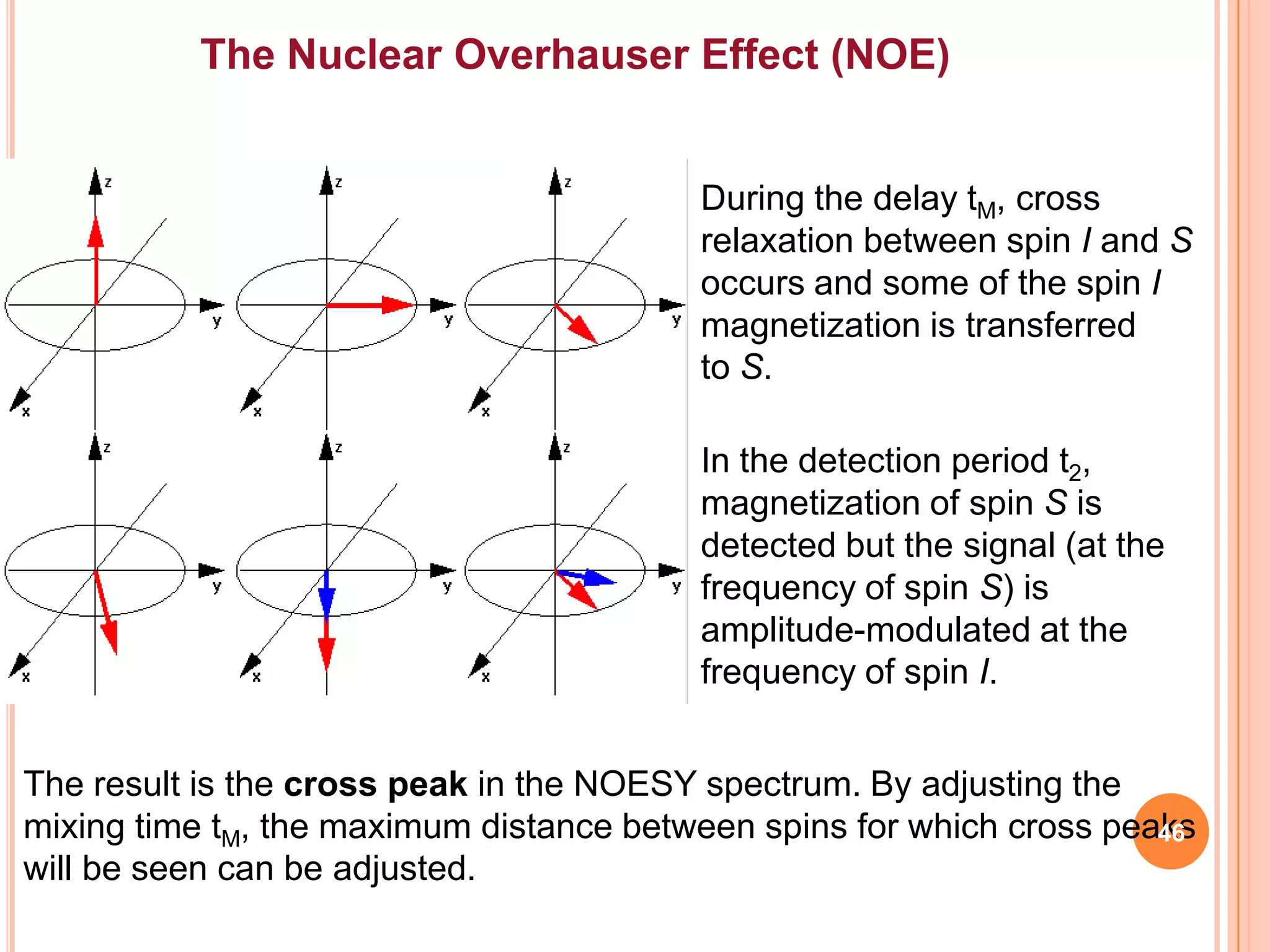 The Nuclear Overhauser Effect (NOE)


                                         During the delay tM, cross
                                         relaxation between spin I and S
                                         occurs and some of the spin I
                                         magnetization is transferred
                                         to S.

                                         In the detection period t2,
                                         magnetization of spin S is
                                         detected but the signal (at the
                                         frequency of spin S) is
                                         amplitude-modulated at the
                                         frequency of spin I.


The result is the cross peak in the NOESY spectrum. By adjusting the
mixing time tM, the maximum distance between spins for which cross peaks
                                                                      46
will be seen can be adjusted.
 