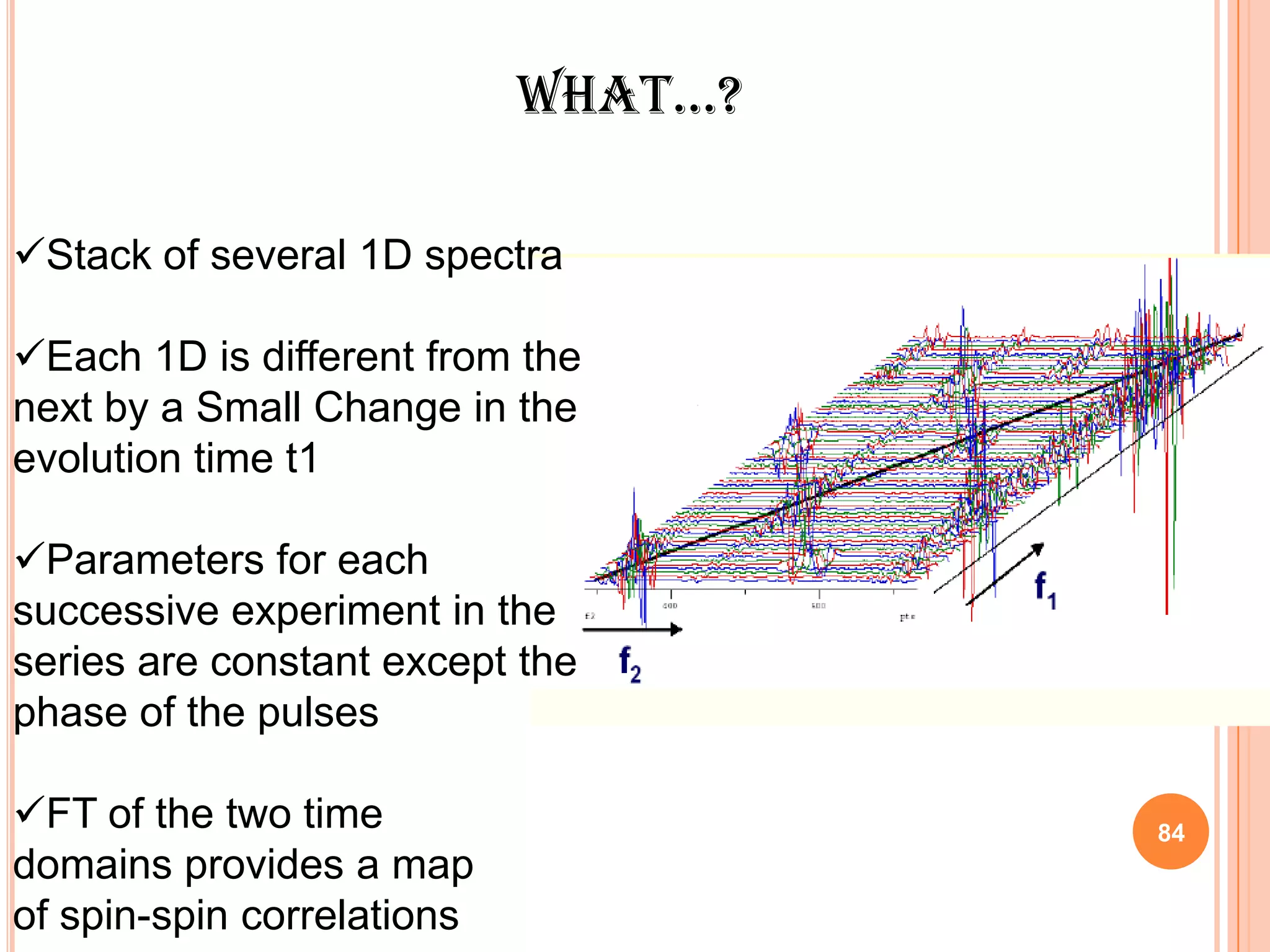 WHAT…?

Stack of several 1D spectra

Each 1D is different from the
next by a Small Change in the
evolution time t1

Parameters for each
successive experiment in the
series are constant except the
phase of the pulses

FT of the two time                  84
domains provides a map
of spin-spin correlations
 