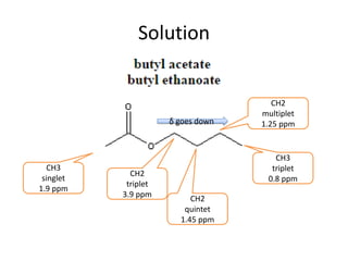 Solution
CH3
singlet
1.9 ppm
CH2
triplet
3.9 ppm CH2
quintet
1.45 ppm
CH2
multiplet
1.25 ppm
CH3
triplet
0.8 ppm
δ goes down