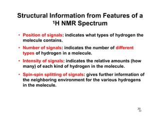 22
20
• Position of signals: indicates what types of hydrogen the
molecule contains.
• Number of signals: indicates the number of different
types of hydrogen in a molecule.
• Intensity of signals: indicates the relative amounts (how
many) of each kind of hydrogen in the molecule.
• Spin-spin splitting of signals: gives further information of
the neighboring environment for the various hydrogens
in the molecule.
Structural Information from Features of a
1H NMR Spectrum
 
