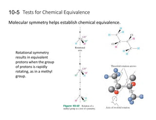 10-5 Tests for Chemical Equivalence
Molecular symmetry helps establish chemical equivalence.
Rotational symmetry
results in equivalent
protons when the group
of protons is rapidly
rotating, as in a methyl
group.
 