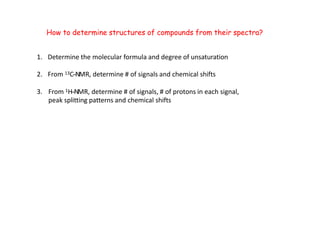 How to determine structures of compounds from their spectra?
1. Determine the molecular formula and degree of unsaturation
2. From 13C-‐NMR, determine # of signals and chemical shifts
3. From 1H-‐NMR, determine # of signals, # of protons in each signal,
peak splitting patterns and chemical shifts
 