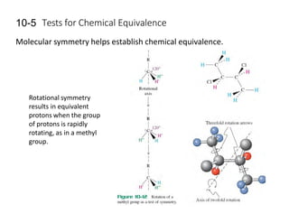 10-5 Tests for Chemical Equivalence
Molecular symmetry helps establish chemical equivalence.
Rotational symmetry
results in equivalent
protons when the group
of protons is rapidly
rotating, as in a methyl
group.
 
