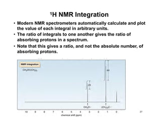 1H NMR Integration
• Modern NMR spectrometers automatically calculate and plot
the value of each integral in arbitrary units.
• The ratio of integrals to one another gives the ratio of
absorbing protons in a spectrum.
• Note that this gives a ratio, and not the absolute number, of
absorbing protons.
27
 