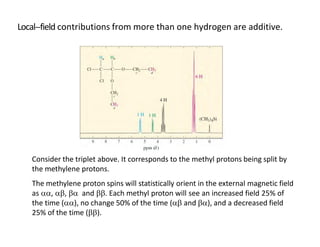 Local-‐field contributions from more than one hydrogen are additive.
Consider the triplet above. It corresponds to the methyl protons being split by
the methylene protons.
The methylene proton spins will statistically orient in the external magnetic field
as , ,  and . Each methyl proton will see an increased field 25% of
the time (), no change 50% of the time ( and ), and a decreased field
25% of the time ().
 