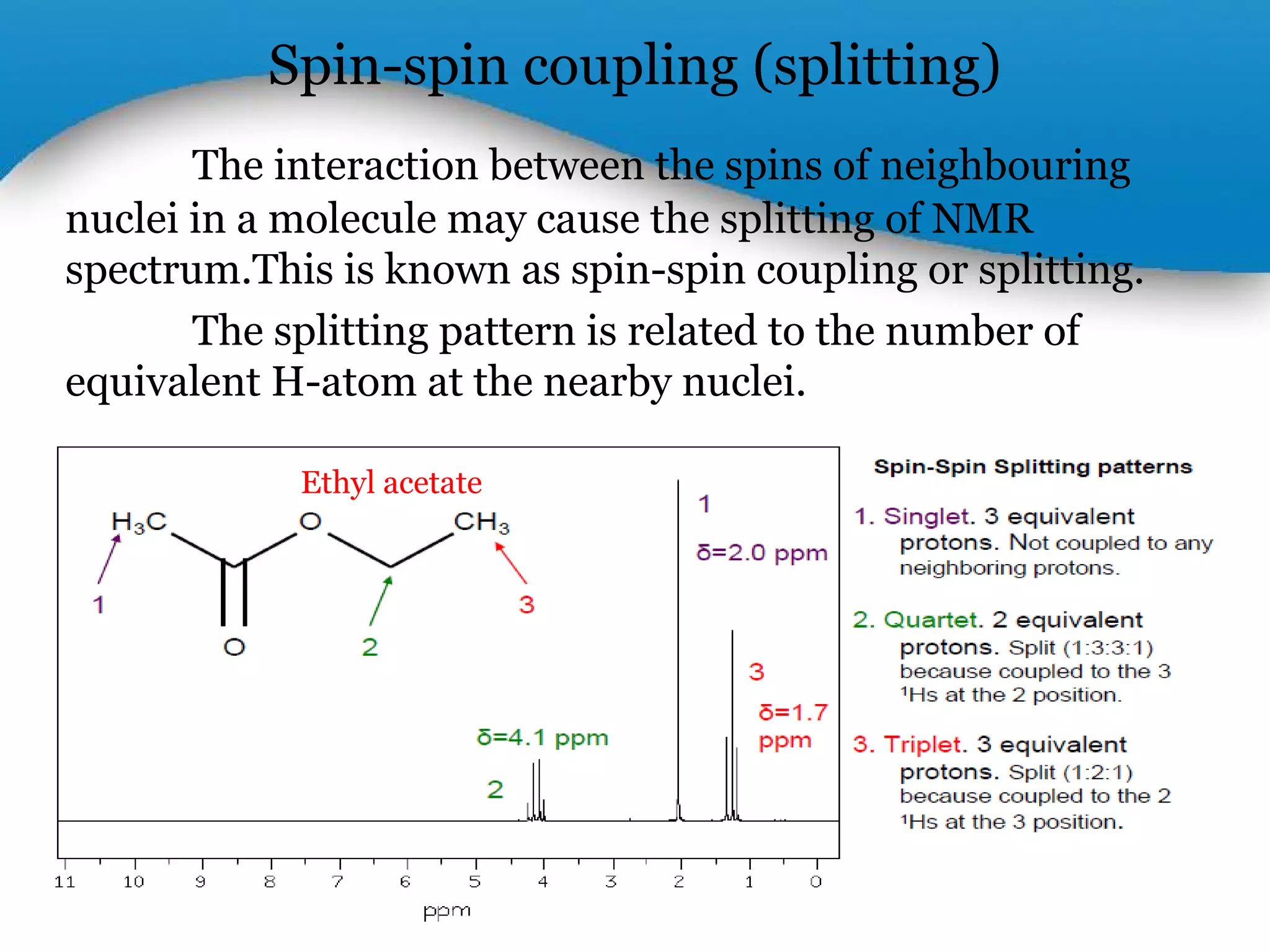 Powerpoint Templates 
Page 25 
Spin-spin coupling (splitting) 
The interaction between the spins of neighbouring 
nuclei in a molecule may cause the splitting of NMR 
spectrum.This is known as spin-spin coupling or splitting. 
The splitting pattern is related to the number of 
equivalent H-atom at the nearby nuclei. 
Ethyl acetate 
 