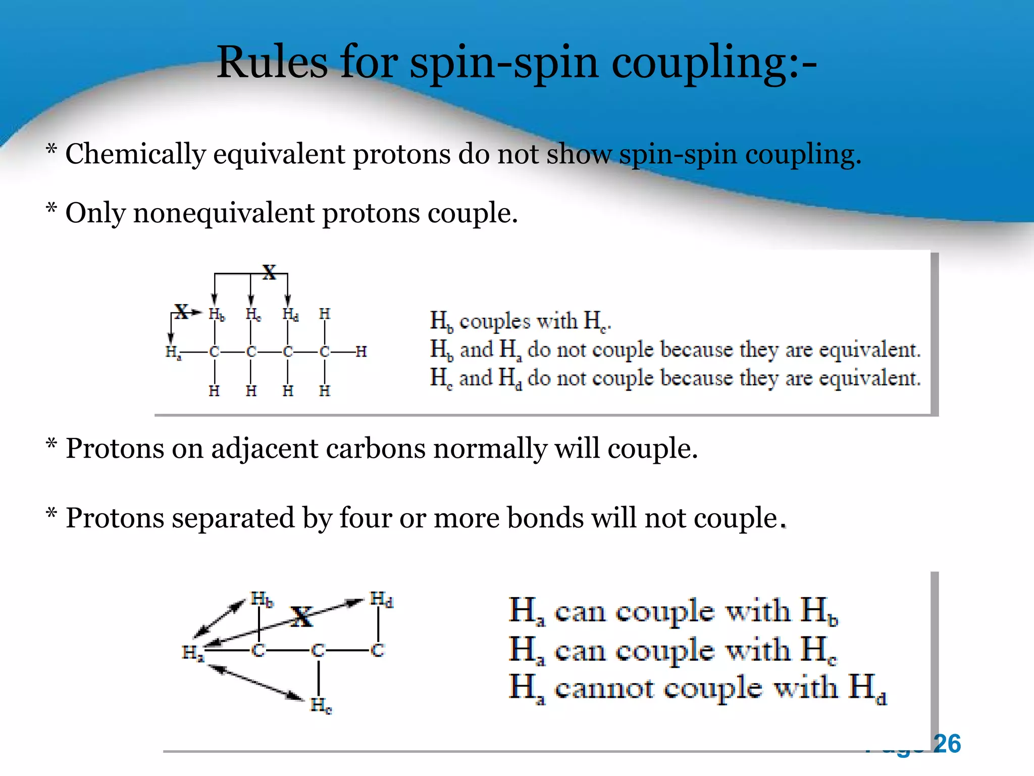 Powerpoint Templates 
Page 26 
Rules for spin-spin coupling:- 
* Chemically equivalent protons do not show spin-spin coupling. 
* Only nonequivalent protons couple. 
* Protons on adjacent carbons normally will couple. 
* Protons separated by four or more bonds will not couple. 
 