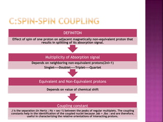 Coupling constant
J is the separation (in Hertz ; Hz = sec–1) between the peaks of regular multiplets. The coupling
constants help in the identification of the coupled nuclei because Jab = Jba : and are therefore,
useful in characterizing the relative orientations of interacting protons.
Equivalent and Non-Equivalent protons
Depends on value of chemical shift
Multiplicity of Absorption signal
Depends on neighboring non-equivalent protons(2nI+1)
Singlet----Doublet----Triplet----Quartet
DEFINITON
Effect of spin of one proton on adjacent magnetically non-equivalent proton that
results in splitting of its absorption signal.
 