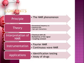 • The NMR phenomenon
Principle
• Precessional frequency (ν)
• Chemical shift
• Spin-spin interactionsTheory
•Chemical shift (δ)
•Multiplicity of the signal
• Coupling constant
Interpretation of
NMR
• Fourier NMR
• Continuous wave NMR
Instrumentation
• Identification testing
• Assay of drugs
Applications
 