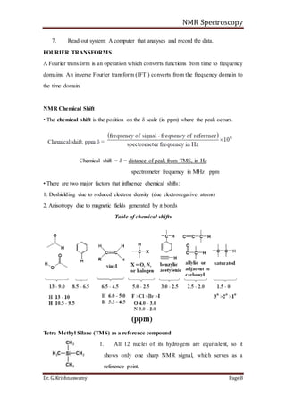 NMR Spectroscopy
Dr. G. Krishnaswamy Page 8
7. Read out system: A computer that analyses and record the data.
FOURIER TRANSFORMS
A Fourier transform is an operation which converts functions from time to frequency
domains. An inverse Fourier transform (IFT ) converts from the frequency domain to
the time domain.
NMR Chemical Shift
• The chemical shift is the position on the δ scale (in ppm) where the peak occurs.
Chemical shift = δ = distance of peak from TMS, in Hz
spectrometer frequency in MHz ppm
• There are two major factors that influence chemical shifts:
1. Deshielding due to reduced electron density (due electronegative atoms)
2. Anisotropy due to magnetic fields generated by π bonds
Table of chemical shifts
Tetra Methyl Silane (TMS) as a reference compound
1. All 12 nuclei of its hydrogens are equivalent, so it
shows only one sharp NMR signal, which serves as a
reference point.
 