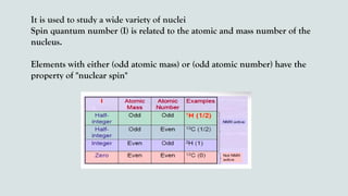 It is used to study a wide variety of nuclei
Spin quantum number (I) is related to the atomic and mass number of the
nucleus.
Elements with either (odd atomic mass) or (odd atomic number) have the
property of "nuclear spin"
 