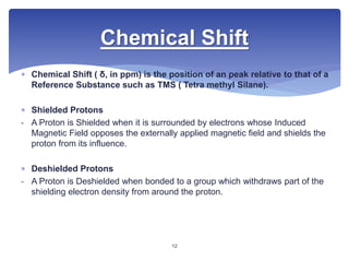  Chemical Shift ( δ, in ppm) is the position of an peak relative to that of a
Reference Substance such as TMS ( Tetra methyl Silane).
 Shielded Protons
- A Proton is Shielded when it is surrounded by electrons whose Induced
Magnetic Field opposes the externally applied magnetic field and shields the
proton from its influence.
 Deshielded Protons
- A Proton is Deshielded when bonded to a group which withdraws part of the
shielding electron density from around the proton.
Chemical Shift
12
 
