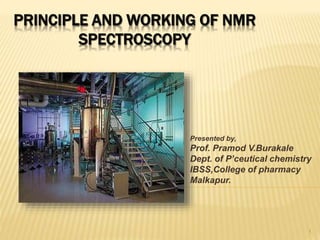 PRINCIPLE AND WORKING OF NMR
SPECTROSCOPY
Presented by,
Prof. Pramod V.Burakale
Dept. of P’ceutical chemistry
IBSS,College of pharmacy
Malkapur.
1
 