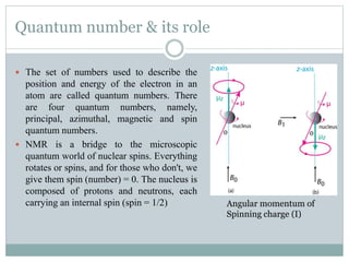 Quantum number & its role
 The set of numbers used to describe the
position and energy of the electron in an
atom are called quantum numbers. There
are four quantum numbers, namely,
principal, azimuthal, magnetic and spin
quantum numbers.
 NMR is a bridge to the microscopic
quantum world of nuclear spins. Everything
rotates or spins, and for those who don't, we
give them spin (number) = 0. The nucleus is
composed of protons and neutrons, each
carrying an internal spin (spin = 1/2) Angular momentum of
Spinning charge (I)
 