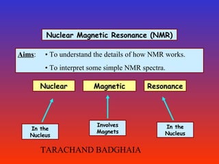 Nuclear Magnetic Resonance (NMR)
Aims: • To understand the details of how NMR works.
• To interpret some simple NMR spectra.
MagneticNuclear Resonance
In the
Nucleus
Involves
Magnets
In the
Nucleus
TARACHAND BADGHAIA
 