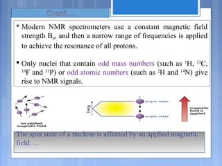 The spin state of a nucleus is affected by an applied magnetic
field….
 Modern NMR spectrometers use a constant magnetic field
strength B0, and then a narrow range of frequencies is applied
to achieve the resonance of all protons.
 Only nuclei that contain odd mass numbers (such as 1
H, 13
C,
19
F and 31
P) or odd atomic numbers (such as 2
H and 14
N) give
rise to NMR signals.
 
