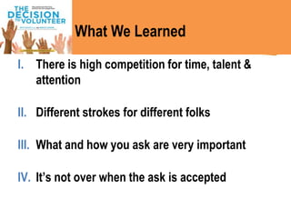 I. There is high competition for time, talent &
attention
II. Different strokes for different folks
III. What and how you ask are very important
IV. It’s not over when the ask is accepted
What We Learned
 