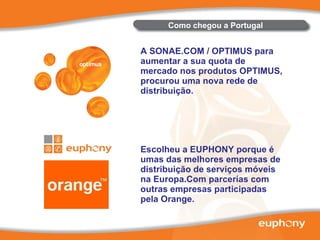 A SONAE.COM / OPTIMUS para aumentar a sua quota de mercado nos produtos OPTIMUS, procurou uma nova rede de distribuição. Escolheu a EUPHONY porque é umas das melhores empresas de distribuição de serviços móveis na Europa.Com parcerías com outras empresas participadas pela Orange. Como chegou a Portugal 
