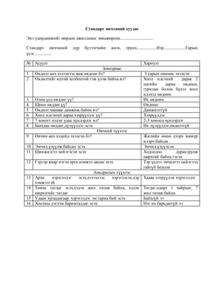 Стандарт өвчтөний хуудас
Энэ удирдамжийг мөрдөн ажиллахыг зөвшөөрсөн..............................
Стандарт өвчтөний дүр бүтээгчийн анги, групп..................Нэр....................Гарын
үсэг................
№ Асуулт Хариулт
Зовиураас
1 Өвдөлт анх хэзээнээс яаж өвдсөн бэ? 3 сарын өмнөөс эхэлсэн
2 Өвдөлтийг юутай холбоотой гэж үзэж байна вэ? Хоол идсэний дараа 2
цагийн дараа өвдөнө,
гурилан болон бүхэл хоол
идэхэд өвдөнө.
3 Өлөн үед өвддөг үү? Их өвдөнө.
4 Шөнө өвддөг үү? Өвдөнө
5 Өвдөлт хаашаа дамжиж байна вэ? Дамжилтгүй
6 Хоол идсэний дараа хэхрүүлдэг үү? Хэхрүүлдэг
7 7 хоногт хэдэн удаа хүндэрдэг вэ? 2-3 хоноод хүндэрдэг
8 Баахдаа өвддөг,дүлүүлдэг эсэх Их дүлүүлдэг,өвдөлтгүй
Өвчний түүхээс
9 Өвчин анх хэдийд эхэлсэн бэ? Жилийн өмнө дээрх зовиур
илэрч байсан
10 Эмчид үзүүлж байсан эсэх Эмчид үзүүлсэн
11 Шинжилгээ хийлгэсэн эсэх Ходоодоо дурандуулж
шархтай байна гэсэн
12 Гэрээр ямар нэгэн арга хэмжээ авсан эсэх Тэр үедээ эмчилгээ хийлгээд
гайгүй болсон
Амьдралын түүхээс
13 Архи хэрэглэдэг эсэх,хэзээнээс хэрэглэсэн,хэр
хэмжээтэй
Хааяа хэтрүүлэн хэрэглэдэг
14 Тамхи татдаг эсэх,хэдэн жил татаж байна, хэдэн
ширхэгийг татдаг
Татдаг.өдөрт 1 хайрцаг, 7
жил татаж байна.
15 Удаан хугацаагаар хэрэглэдэг эм тариа бий эсэх Байхгүй ээ
16 Хоолны дэглэм баримталдаг эсэх Нэг их барьдаггүй ээ
 