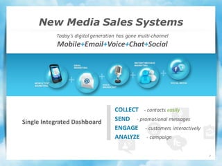 New Media Sales Systems
           Today’s digital generation has gone multi-channel
           Mobile+Email+Voice+Chat+Social




                                    COLLECT - contacts easily
Single Integrated Dashboard         SEND - promotional messages
                                    ENGAGE - customers interactively
                                    ANALYZE - campaign

                                                                       2
 