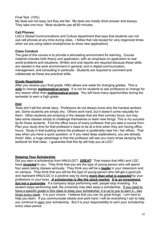 Final Test (10%)
My tests are not easy, but they are fair. My tests are mostly short answer and essays.
They take one hour. Most students use all 60 minutes.

Cell Phones:
LGC’s Global Communications and Culture department that says that students can not
use cell phones at any time during class. I follow that rule except for very organized times
when we are using select smartphones to show new applications.

Class Conduct
The goal of this course is to provide a stimulating environment for learning. Course
material includes both theory and application, with an emphasis on application to real
world problems and situations. Written and oral reports are required because these skills
are needed in the work environment in general, and in digital communication,
management, and consulting in particular. Students are required to comment and
collaborate as these are practical skills.

Grade Negotiation
After you receive your final grade, HNU allows one week for changing grades. This is
only to change mathematical errors. It is not for students to ask professors to change for
any reason other than mathematical errors. You will have many opportunities during the
semester to earn a high grade.

Hint
Tests don’t tell the whole story. Professors do not always know who the hardest workers
are. Some students are simply shy. Others work hard, but it doesn’t come naturally for
them. Other students are amazing in the classes that are their primary focus, but may
take some classes simply to challenge themselves or learn new things. This is my success
tip for those students. Find the office hours of every professor that you take a course from.
Plan your study time for that professor’s class to be at a time when they are having office
hours. Study in that building where the professor is (preferably near his / her office). That
way when you have a quick question, or if you need deep explanations, you are already
there! Also, a huge advantage is that the professor will see you many times studying the
textbook for that class. I guarantee that this tip will help you at LGC!



Keeping Your Scholarship
Did you earn a scholarship from HNU/LGC? GREAT! That means that HNU and LGC
have invested in you. They think that you are the type of young person who will spend
four years taking classes seriously. They think you will be a leader in your classroom and
on campus. They think that you will be the type of young person who will get a good job
and represent HNU/LGC in a positive way by doing more than what is expected by your
professors or your boss. A scholarship is like the stock market. It is an investment,
but not a guarantee. If a company stops performing well, people stop investing. If a
student stops performing well, the university may take away a scholarship. If you need to
have a specific grade in this class to keep your scholarship, it is up to you to earn it....two
times every week. It is your choice. I believe that you can do great things. I am here to
help you learn. If you communicate clearly and work hard, I will do everything I can to help
you continue to earn your scholarship. But it is your responsibility to earn your scholarship
every class period.

                                                                                            12
 