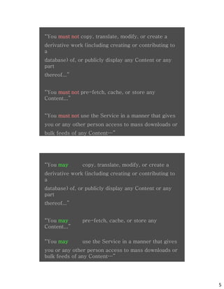 “You must not copy, translate, modify, or create a
derivative work (including creating or contributing to
a
database) of, or publicly display any Content or any
part
thereof...”


“You must not pre-fetch, cache, or store any
Content...”




                       osm
“You must not use the Service in a manner that gives
you or any other person access to mass downloads or
bulk feeds of any Content…”




“You may not copy, translate, modify, or create a
derivative work (including creating or contributing to
a
database) of, or publicly display any Content or any
part
thereof...”


“You may not pre-fetch, cache, or store any




                       osm
Content...”

“You may not use the Service in a manner that gives
you or any other person access to mass downloads or
bulk feeds of any Content…”




                                                         5
 