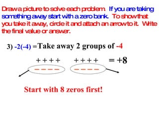 Draw a picture to solve each problem.  If you are taking something away start with a zero bank.   To show that you take it away, circle it and attach an arrow to it.  Write the final value or answer. 3)  -2(-4)  =  Take away 2 groups of  -4 + + + +  + + + +   _ _ _ _  _ _ _ _ = +8 Start with 8 zeros first! 