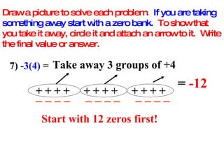 Draw a picture to solve each problem.  If you are taking something away start with a zero bank.   To show that you take it away, circle it and attach an arrow to it.  Write the final value or answer. 7)  -3(4)  =  Take away 3 groups of +4 + + + +  + + + +  + + + +   _ _ _ _  _ _ _ _  _ _ _ _ =  -12 Start with 12 zeros first! 