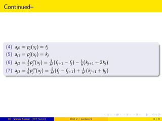 Continued–
(4) aj0 = pj (xj ) = fj
(5) aj1 = p0
j (xj ) = kj
(6) aj2 = 1
2p00
j (xj ) = 3
h2 (fj+1 − fj ) − 1
h (kj+1 + 2kj )
(7) aj3 = 1
6p000
j (xj ) = 2
h3 (fj − fj+1) + 1
h2 (kj+1 + kj )
Dr. Varun Kumar (IIIT Surat) Unit 2 / Lecture-5 6 / 9
 