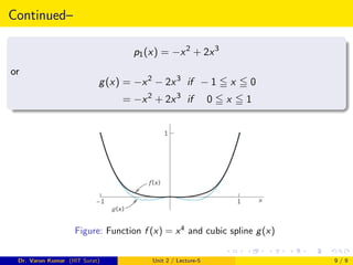 Continued–
p1(x) = −x2
+ 2x3
or
g(x) = −x2
− 2x3
if − 1 5 x 5 0
= −x2
+ 2x3
if 0 5 x 5 1
Figure: Function f (x) = x4
and cubic spline g(x)
Dr. Varun Kumar (IIIT Surat) Unit 2 / Lecture-5 9 / 9
 