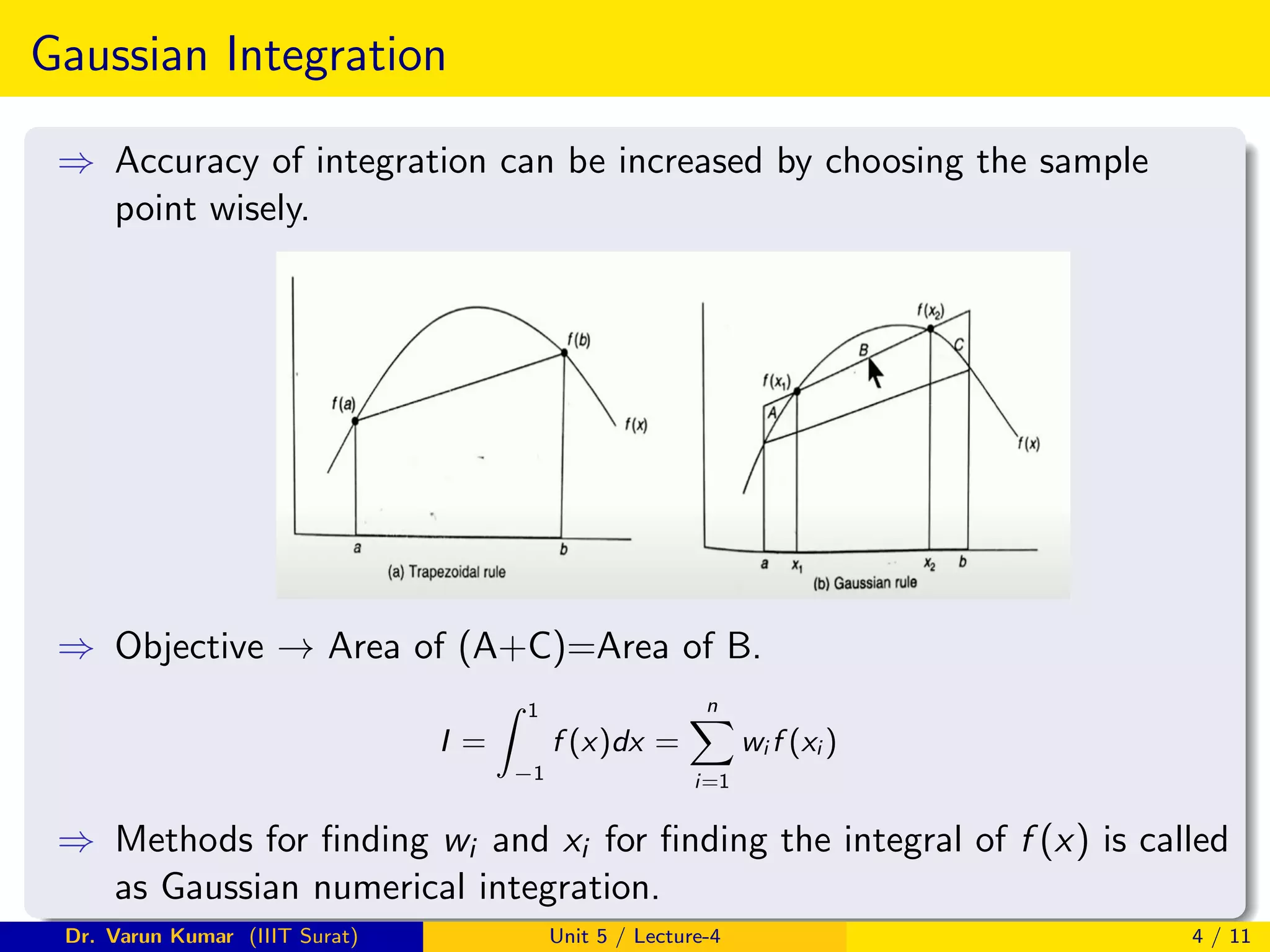 Gaussian Integration
⇒ Accuracy of integration can be increased by choosing the sample
point wisely.
⇒ Objective → Area of (A+C)=Area of B.
I =
Z 1
−1
f (x)dx =
n
X
i=1
wi f (xi )
⇒ Methods for finding wi and xi for finding the integral of f (x) is called
as Gaussian numerical integration.
Dr. Varun Kumar (IIIT Surat) Unit 5 / Lecture-4 4 / 11
 