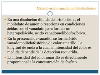Método ácido vanadomolibdofosfóricoEn una disolución diluida de ortofosfatos, el molibdato de amonio reacciona en condiciones ácidas con el vanadato para formar un heteropoliácido, ácido vanadomolibdofosfórico. En la presencia de vanadio, se forma ácido vanadomolibdofosfórico de color amarillo. La longitud de onda a la cual la intensidad del color es medida depende de la detección requerida. La intensidad del color amarillo es directamente proporcional a la concentración de fosfato.