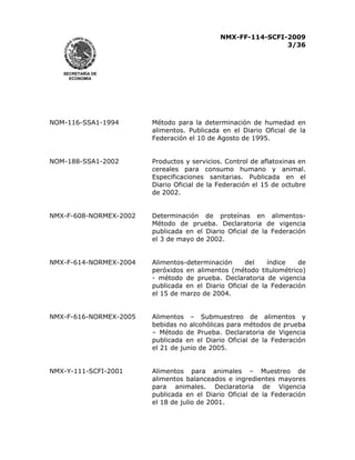 NMX-FF-114-SCFI-2009
3/36

SECRETARÍA DE
ECONOMÍA

NOM-116-SSA1-1994

Método para la determinación de humedad en
alimentos. Publicada en el Diario Oficial de la
Federación el 10 de Agosto de 1995.

NOM-188-SSA1-2002

Productos y servicios. Control de aflatoxinas en
cereales para consumo humano y animal.
Especificaciones sanitarias. Publicada en el
Diario Oficial de la Federación el 15 de octubre
de 2002.

NMX-F-608-NORMEX-2002

Determinación de proteínas en alimentosMétodo de prueba. Declaratoria de vigencia
publicada en el Diario Oficial de la Federación
el 3 de mayo de 2002.

NMX-F-614-NORMEX-2004

Alimentos-determinación
del
índice
de
peróxidos en alimentos (método titulométrico)
- método de prueba. Declaratoria de vigencia
publicada en el Diario Oficial de la Federación
el 15 de marzo de 2004.

NMX-F-616-NORMEX-2005

Alimentos – Submuestreo de alimentos y
bebidas no alcohólicas para métodos de prueba
– Método de Prueba. Declaratoria de Vigencia
publicada en el Diario Oficial de la Federación
el 21 de junio de 2005.

NMX-Y-111-SCFI-2001

Alimentos para animales – Muestreo de
alimentos balanceados e ingredientes mayores
para animales. Declaratoria de Vigencia
publicada en el Diario Oficial de la Federación
el 18 de julio de 2001.

 