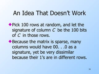 An Idea That Doesn’t Work Pick 100 rows at random, and let the signature of column  C  be the 100 bits of  C   in those rows. Because the matrix is sparse, many columns would have 00. . .0 as a signature, yet be very dissimilar because their 1’s are in different rows. 