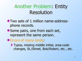 Another Problem : Entity Resolution Two sets of 1 million name-address-phone records. Some pairs, one from each set, represent the same person. Errors of many kinds : Typos, missing middle initial, area-code changes, St./Street, Bob/Robert, etc., etc. 
