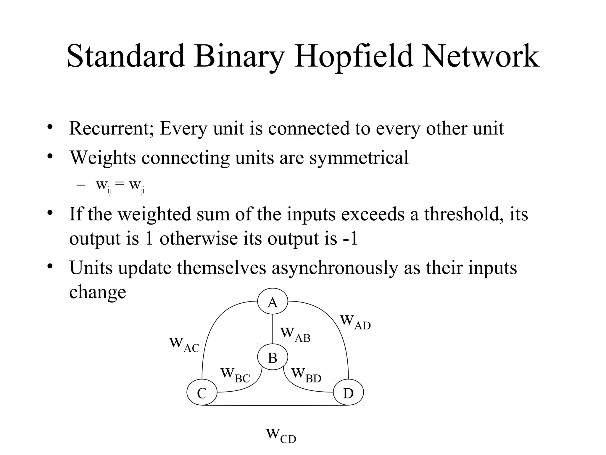 Standard Binary Hopfield Network
• Recurrent; Every unit is connected to every other unit
• Weights connecting units are symmetrical
– wij = wji
• If the weighted sum of the inputs exceeds a threshold, its
output is 1 otherwise its output is -1
• Units update themselves asynchronously as their inputs
change
B
C
A
D
wAD
wABwAC
wBC wBD
wCD
 