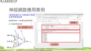 神經網路應用案例
#將測試資料代入模型進行預測,
並取得預測結果
predictions = model.predict(X)
print(predictions)
69
輸入資料進行估計
估計結果
權重組合
 