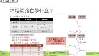 神經網路在學什麼？
線性迴歸 vs. 邏輯迴歸
線性迴歸和邏輯迴歸的限制
◦ 假設參數之間互相獨立
◦ 當參數有交互影響時將會不準
◦ 不適合的例子─XOR (互斥或)計算
7
線性迴歸 邏輯迴歸
輸入值 x x
輸出值
核心函式 線性函式 S型函式
  bxwxfy 
    z
e
zsxfy
bxwz




1
1
X1 X2 Y 估計值
0 0 0 0.5
0 1 1 0.5
1 0 1 0.5
1 1 0 0.5
w
機器學習無法學會
XOR，所以權重皆接
近為0，全部猜0.5
5.0
1
1
0




e
估計值
輸入層 輸出層
輸入層 輸出層
 