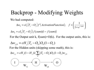 Backprop - Modifying Weights
( ) ( ) 





+
=−=∆ −sumjjkk
e
fFunctionActivationfOTcIw
1
1
;'
We had computed:
For the Output unit k, f(sum)=O(k). For the output units, this is:
( ) )1(, kkkkjkj OOOTcHw −−=∆
( )( ))(1)(( sumfsumfOTcIw jjkk −−=∆
I H O
Wi,j Wj,k
For the Hidden units (skipping some math), this is:
kj
k
kkkkijjji wOOOTIHcHw ,, )1()()1( ∑ −−−=∆
 