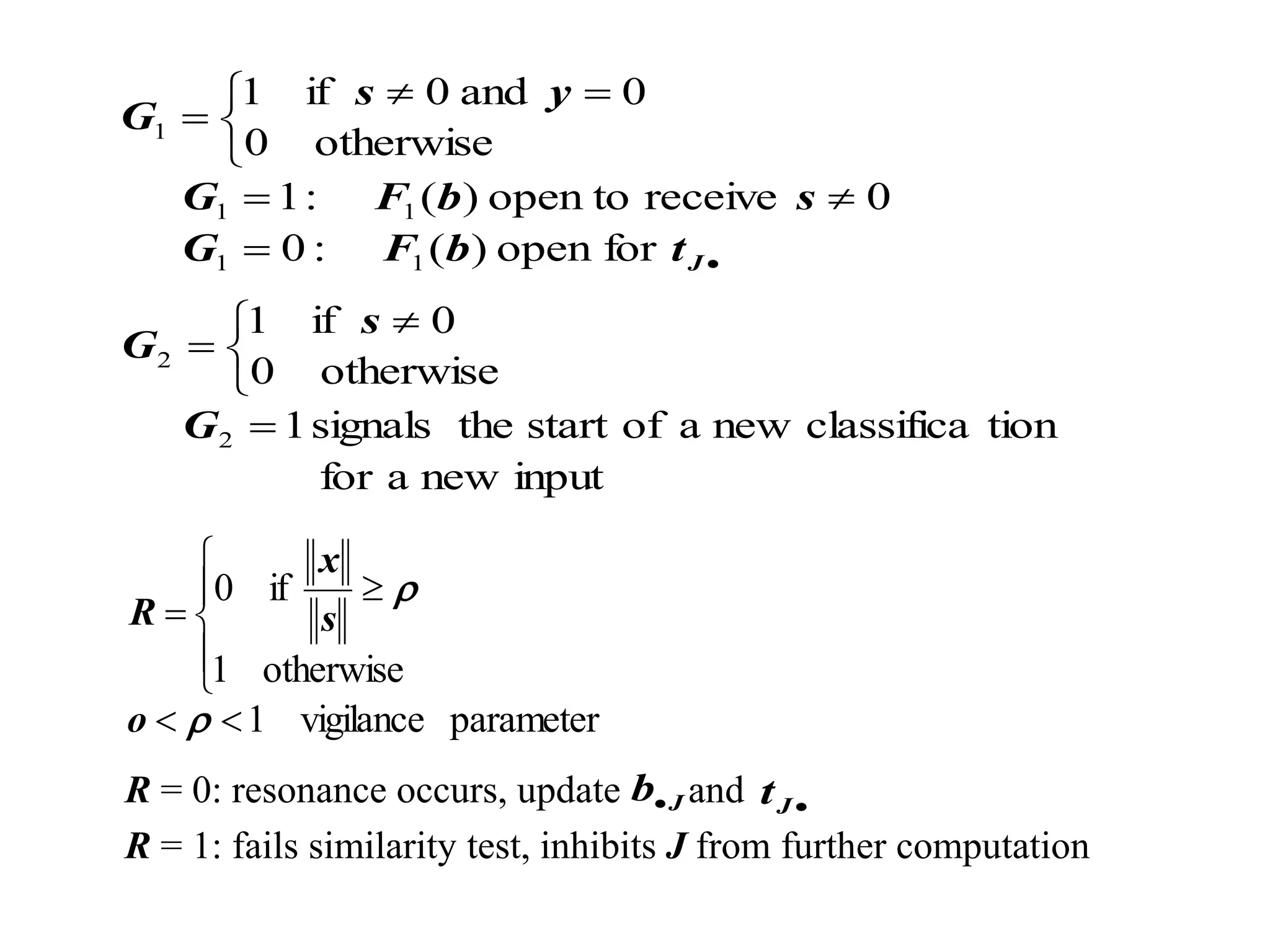 





 


J
t
b
F
G
s
b
F
G
y
s
G
for
open
)
(
:
0
0
receive
open to
)
(
:
1
otherwise
0
0
and
0
if
1
1
1
1
1
1
parameter
vigilance
1
otherwise
1
if
0











o
s
x
R
input
new
a
for
tion
classifica
new
a
of
start
the
signals
1
otherwise
0
0
if
1
2
2



 

G
s
G
R = 0: resonance occurs, update and
R = 1: fails similarity test, inhibits J from further computation

J
t
J
b
 