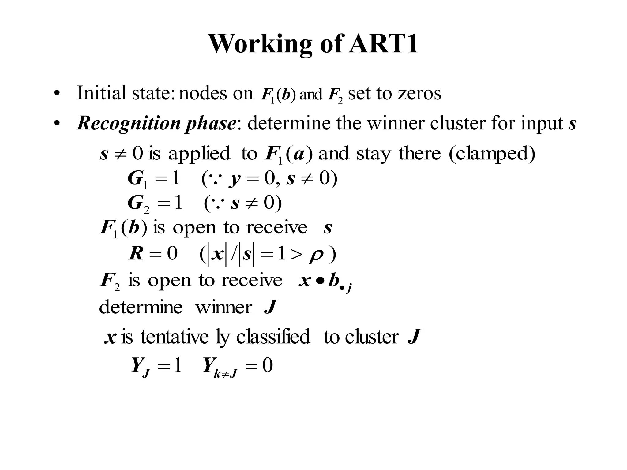 Working of ART1
• Initial state:nodes on set to zeros
• Recognition phase: determine the winner cluster for input s
2
1 and
)
( F
b
F
J
b
x
F
s
x
R
s
b
F
s
G
s
y
G
a
F
s
j
winner
determine
receive
to
open
is
)
1
/
(
0
receive
to
open
is
)
(
)
0
(
1
)
0
,
0
(
1
(clamped)
there
stay
and
)
(
to
applied
is
0
2
1
2
1
1














0
1
cluster
to
classified
ly
tentative
is

 J
k
J Y
Y
J
x
 