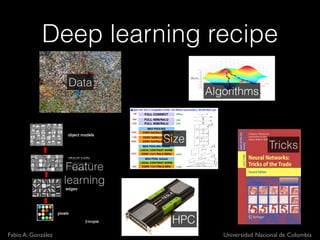 Fabio A. González Universidad Nacional de Colombia
Deep learning recipe
Data
HPC
Algorithms
Tricks
Feature
learning
Size
 